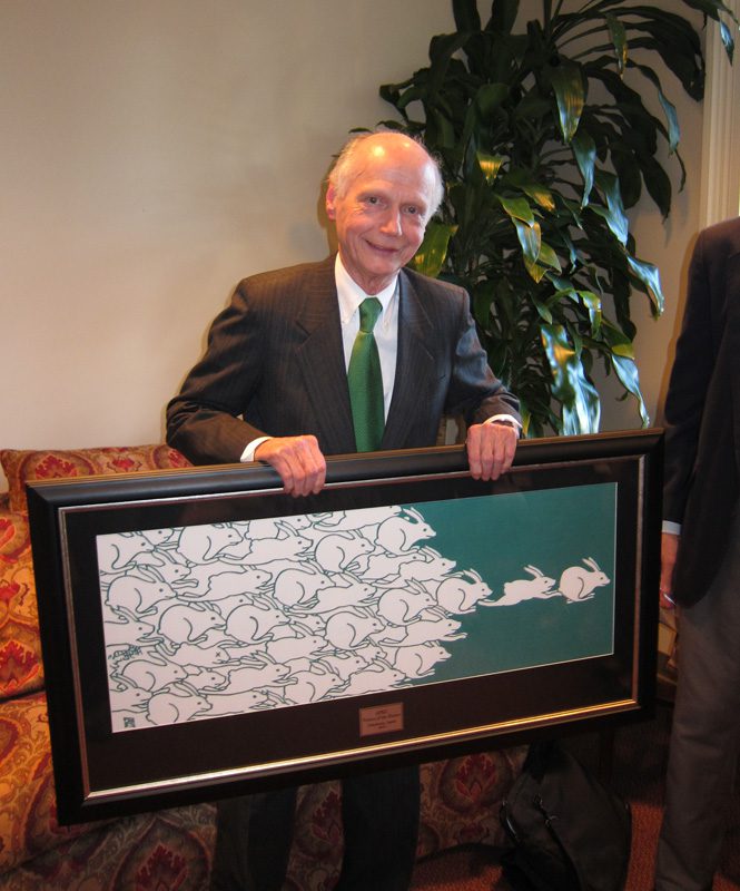 The students presented Secretary Riley with a gift from Japan - according to the zodiac, it is the year of the rabbit in Japan