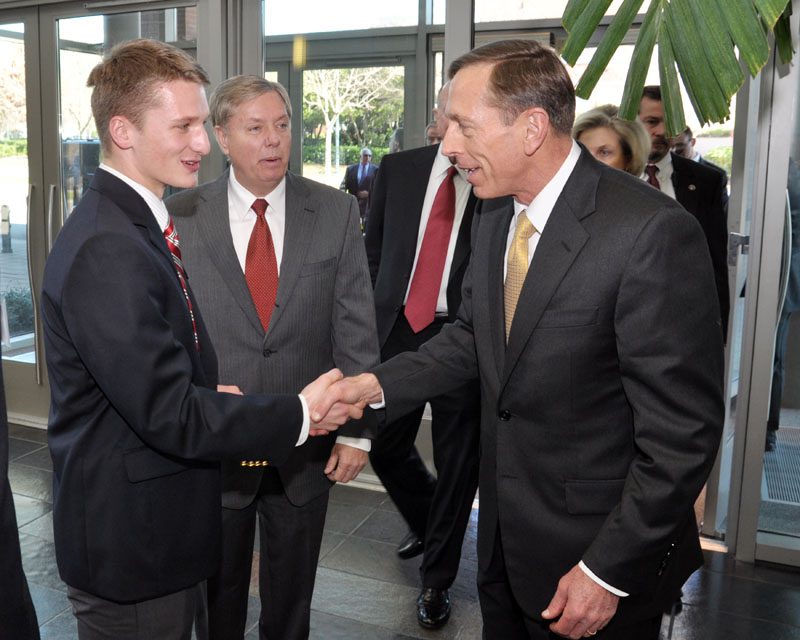 Brian Boda meeting General Petraeus as he arrived to speak at the 2012 Annual Wilkins Award Dinner