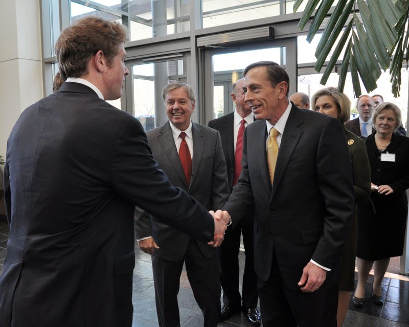 Jon Baddley meeting General Petraeus as he arrived to speak at the 2012 Annual Wilkins Award Dinner