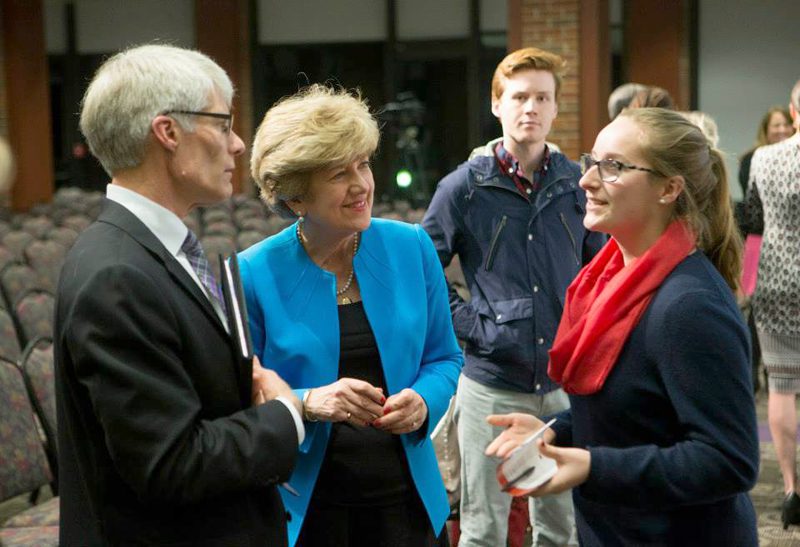 Brent Nelsen, Linda O'Bryon and Advance Team student Emilee O’Brien at the Women in Public Media Symposium