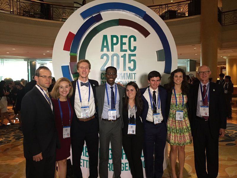 The U.S. delegation is pictured in the lobby of the Makati Shangri-La, where the APEC CEO Summit was held