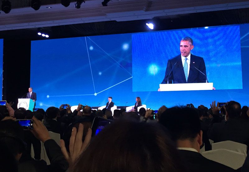 President Barack Obama gave a keynote address on climate change then moderated a panel discussion at the APEC CEO Summit.