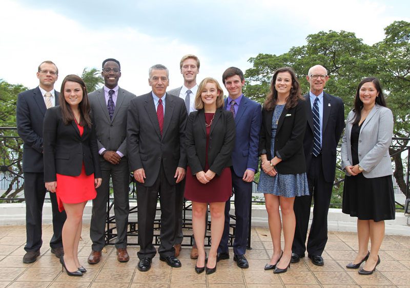 The APEC group is pictured here with U.S. Ambassador to the Philippines, Philip Goldberg and foreign service officer and Furman alum Rachael Parrish. (From left) Top: Dr. Jason Jones, Jonathan Kubakundimana, Nathan Thompson, Matthew Deininger, and Rachael Parrish. Bottom: Kelsey Orr, Ambassador Goldberg, Gray Johnson, and Mallary Taylor.