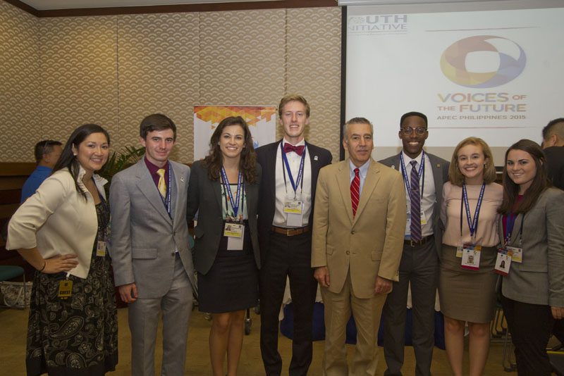 The students are pictured with Ambassador Goldberg during his visit to the Asian Development Bank, during which he addressed all of the Voices of the Future delegates.