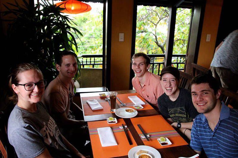 Lunch with the U.S. delegates, (l-r) Kathleen Marsh, Liam Simkins-Walker, Noah Zimmerman, Emma Jackson and Peyton Roth, in Da Nang after two days of airplane travel