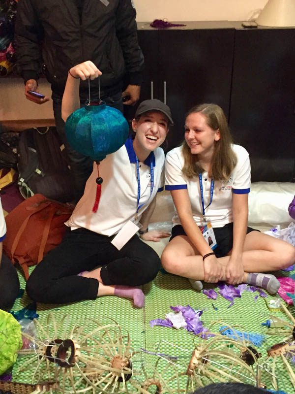 Emma Jackson and Kathleen Marsh making handmade laterns in the local city of Da Nang