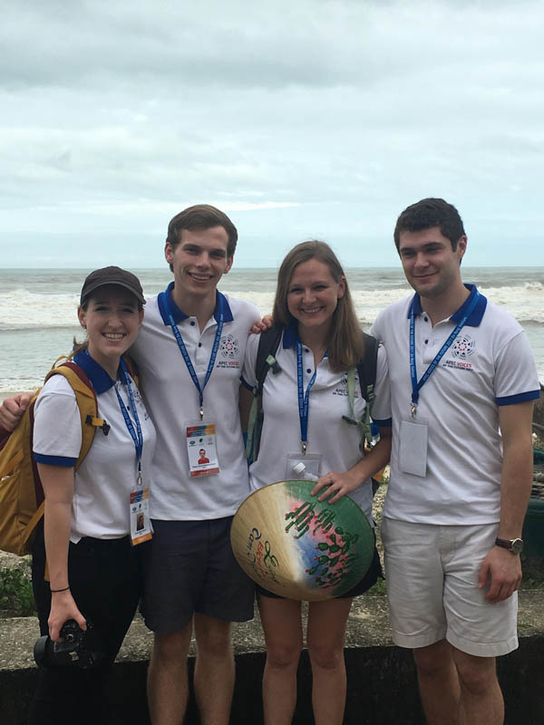 Emma Jackson, Noah Zimmerman, Kathleen Marsh and Peyton Roth exploring the fishing village of Trung Thanh, which has become famous for its countless murals through the 