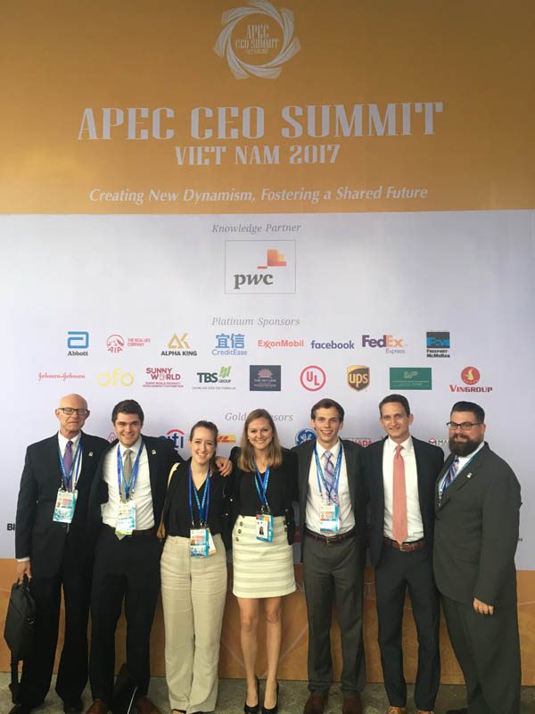 (l-r) Cleve Fraser, Peyton Roth, Emma Jackson, Kathleen Marsh, Noah Zimmerman, Liam Simkins-Walker and Nathan Cook. Second day of the APEC CEO Summit - panelists including national and business leaders spoke about issues facing the Asia-Pacific trade region