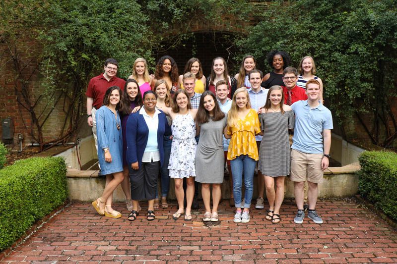 All of the scholars and counselors are pictured here after the Welcome Dinner. (front row left to right): Amber Jacobsen, Shaelyn Rivers-Green, Morgen Smith, Erica Daly, Lauren Allen, Alana Miller, Nick Curcio, (middle row left to right): Gabby Haddad, Lindsey Cottle, Price St. Clair, Zach Jasper, Sam Gary, Andrew Riccardi, (back row left to right): Michael Bowling, Maggie Welsh, Maya Dunn, Rorie Vander Ploeg, Leanne Joyce, Maddie Tedrick, Shekinah Lightner, Maddie Klumb