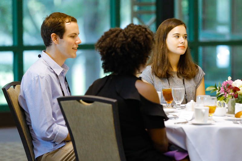 Sam Gary and Erica Daly enjoy the Welcome Dinner at the start of the Advantage Scholars program