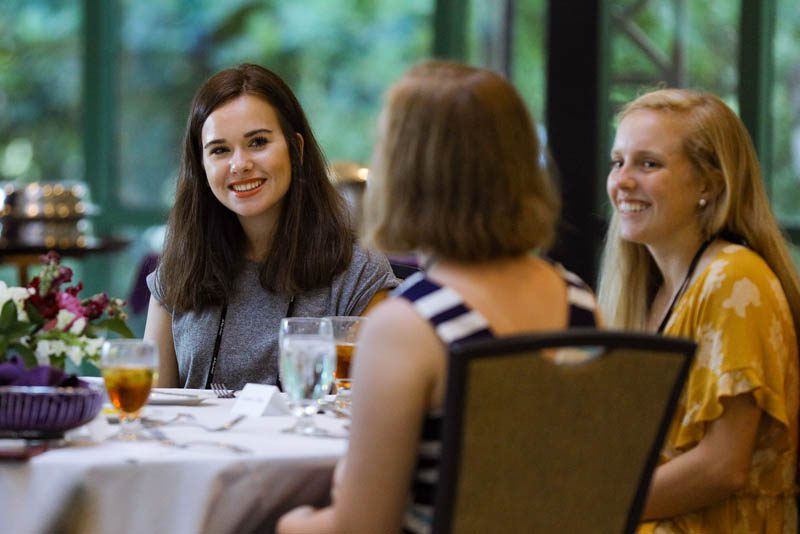 Erica Daly and Lauren Allen enjoy the Welcome Dinner at the start of the Advantage Scholars program