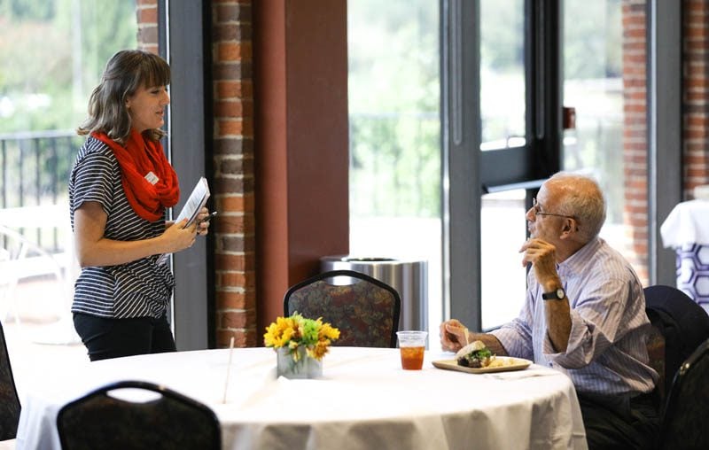 Peter Hart speaking with Katherine West ('19). Hart will be speaking during Week 3 of StraightTalk, October 2019.