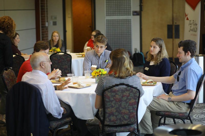 (l-r) Kevin Hills (’19), Jack Ligon (’19), Kristen Rafuse (’19), Devin O’Connor and Katherine West (’19) intently listening to Peter Hart