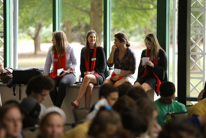 Sitting on windowsill (l-r) Advance Team members Grace Guynn ('20), Caroline Ring ('21), Emily Zeytoonjian ('20), and Marlies Bronner ('20) at Constitutution Day with speaker Andy Rudalevige