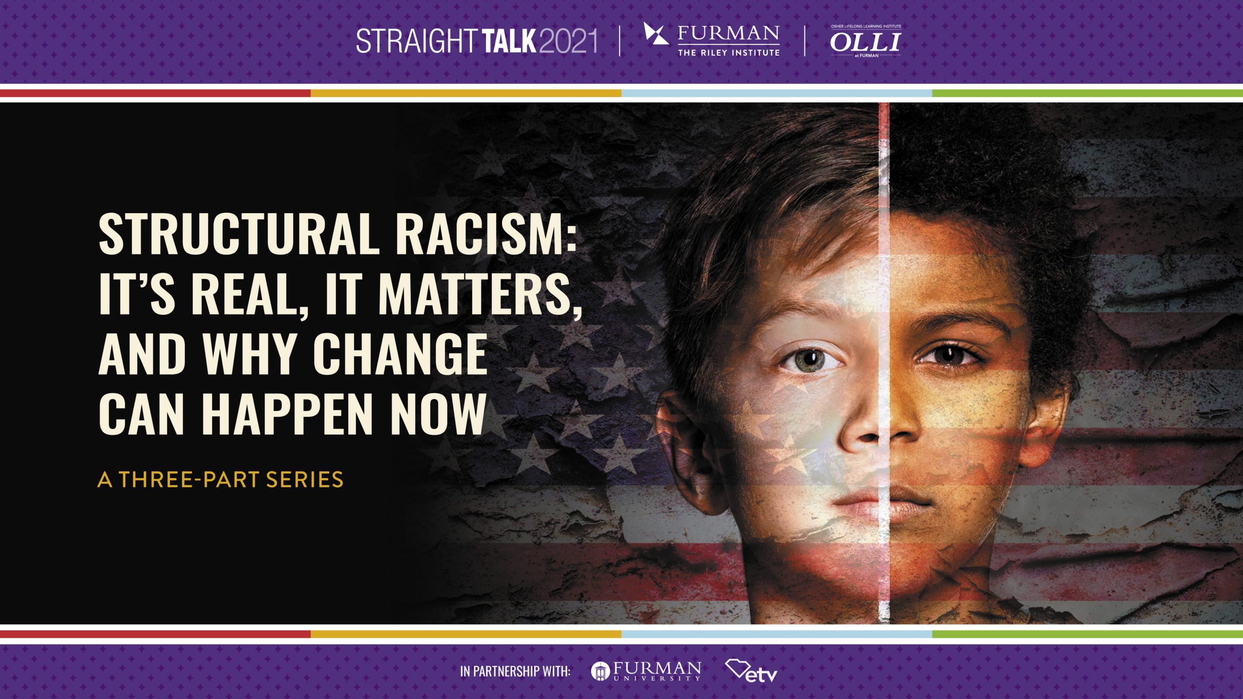 The graphic is a composite image of two faces. On the left side, half the face of a white boy appears. On the right side, half the face of a black boy appears.