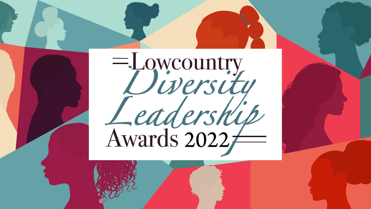 A graphic collage of many colors featuring the silhouettes of people with distinguishing physical characteristics. The text reads "Lowcountry Diversity Leadership Awards."