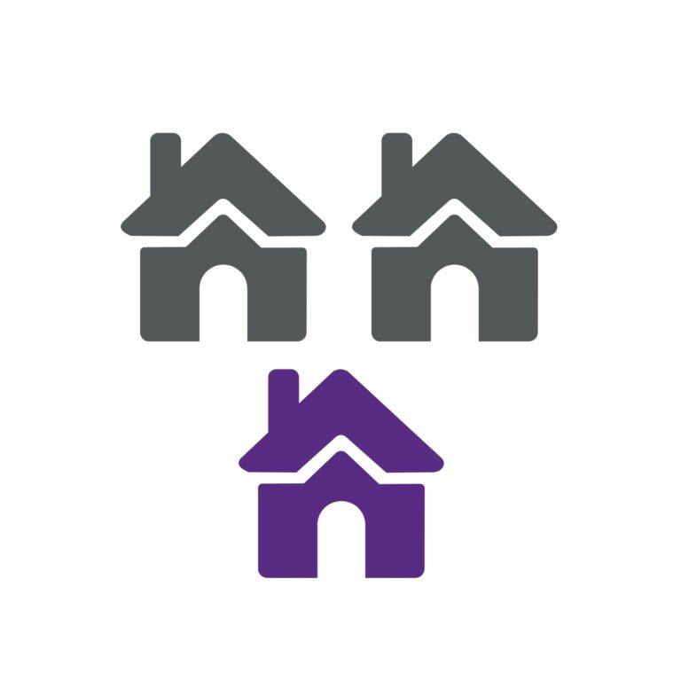 Drawing/icon of three houses. One is purple and the other two are gray.