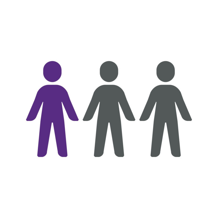 Drawing/icon of three people. One is solid purple, the other two are solid gray.