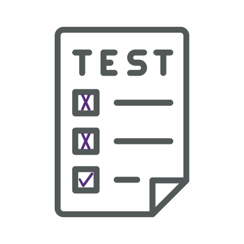 Drawing/icon of a test with three questions. Two are marked wrong with x's and one is marked correct with a check mark.