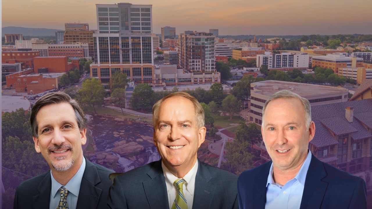 Greenville skyline with photos of Vincent Sheheen, Mayor Knox White, and Joel Lourie