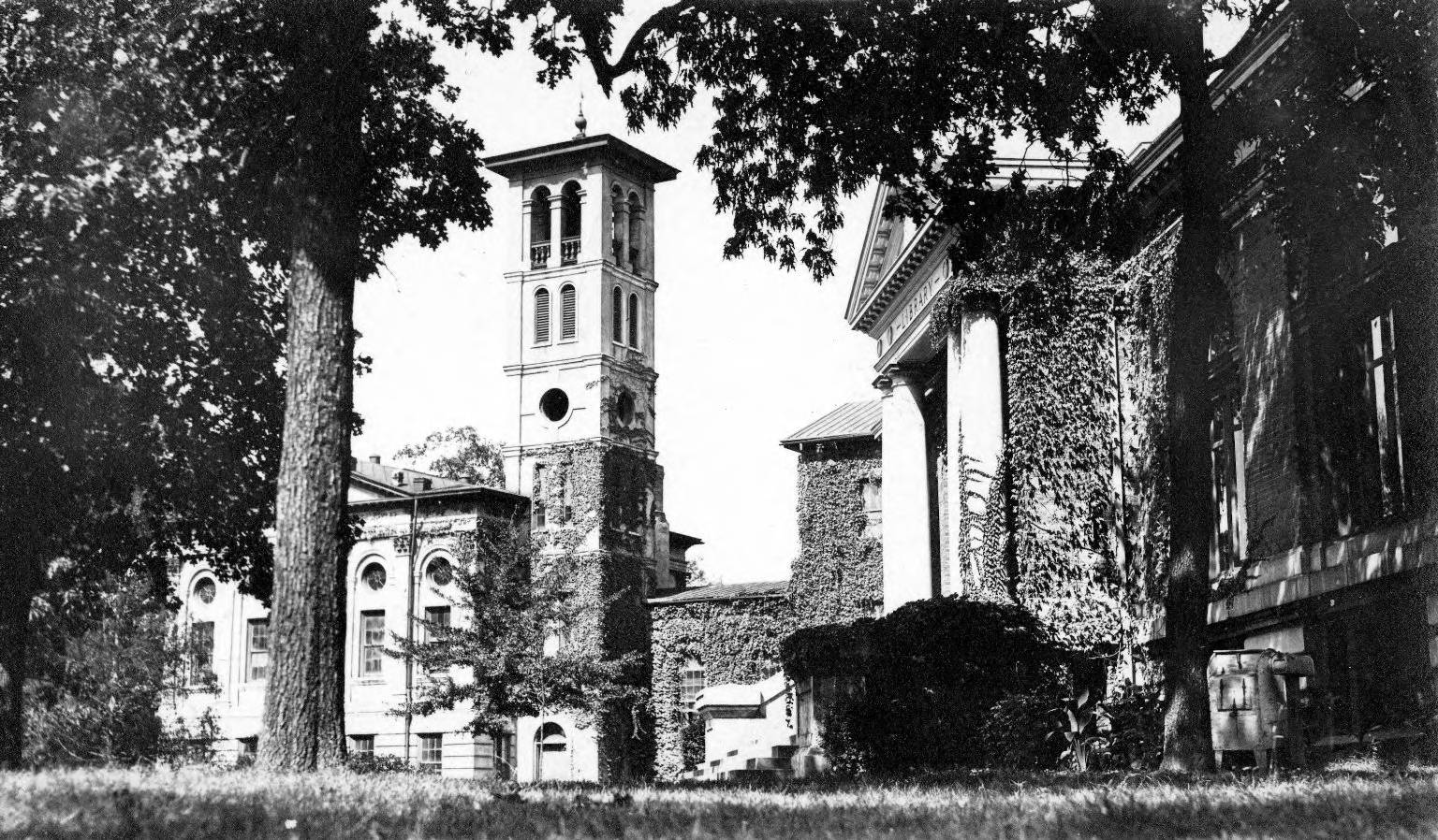 Furman bell tower in black and white, from old campus