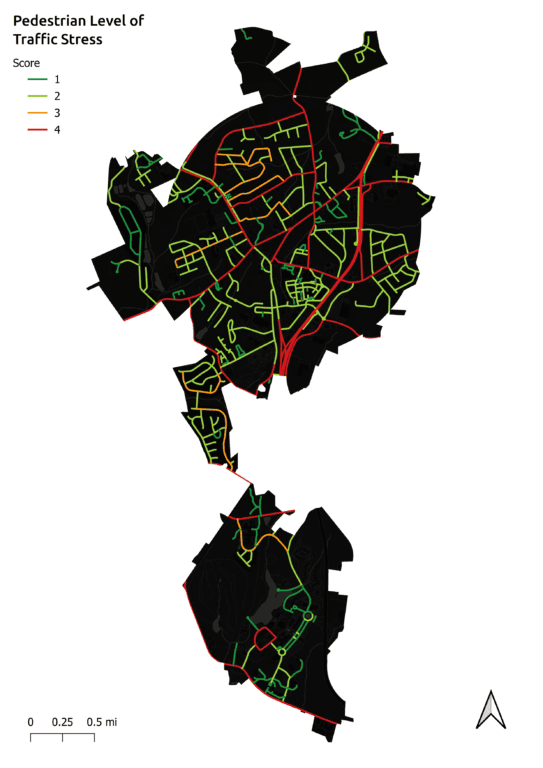 Map showing pedestrian pathways in red, yellow and green