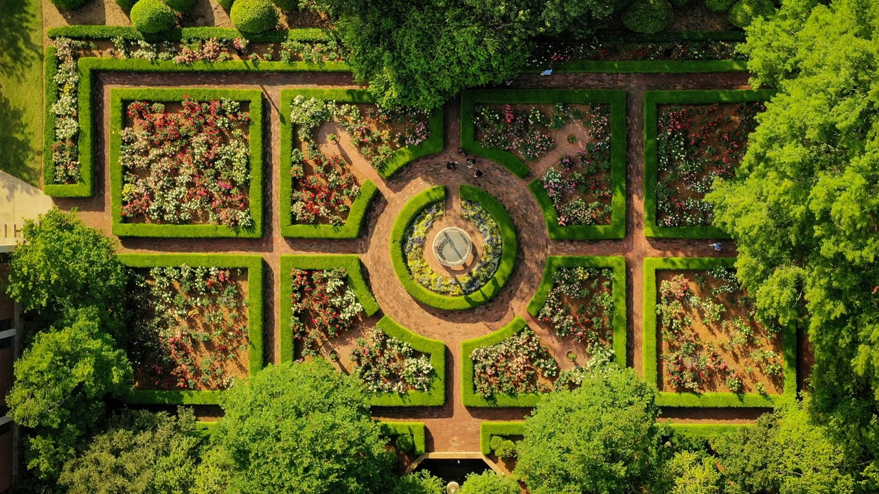 Aerial campus view, rose garden
