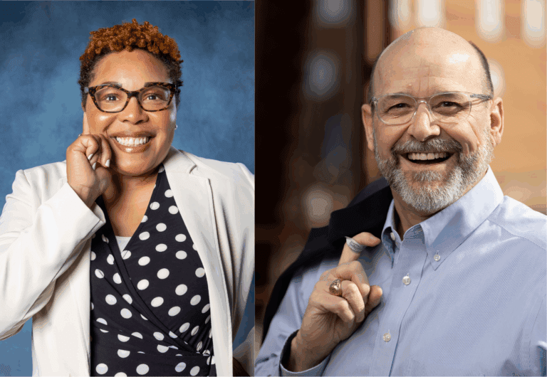 There are two headshots pictured here. On the left is Edwina Perrin, an African American woman. On the right is Clemson Turregano, a white man.